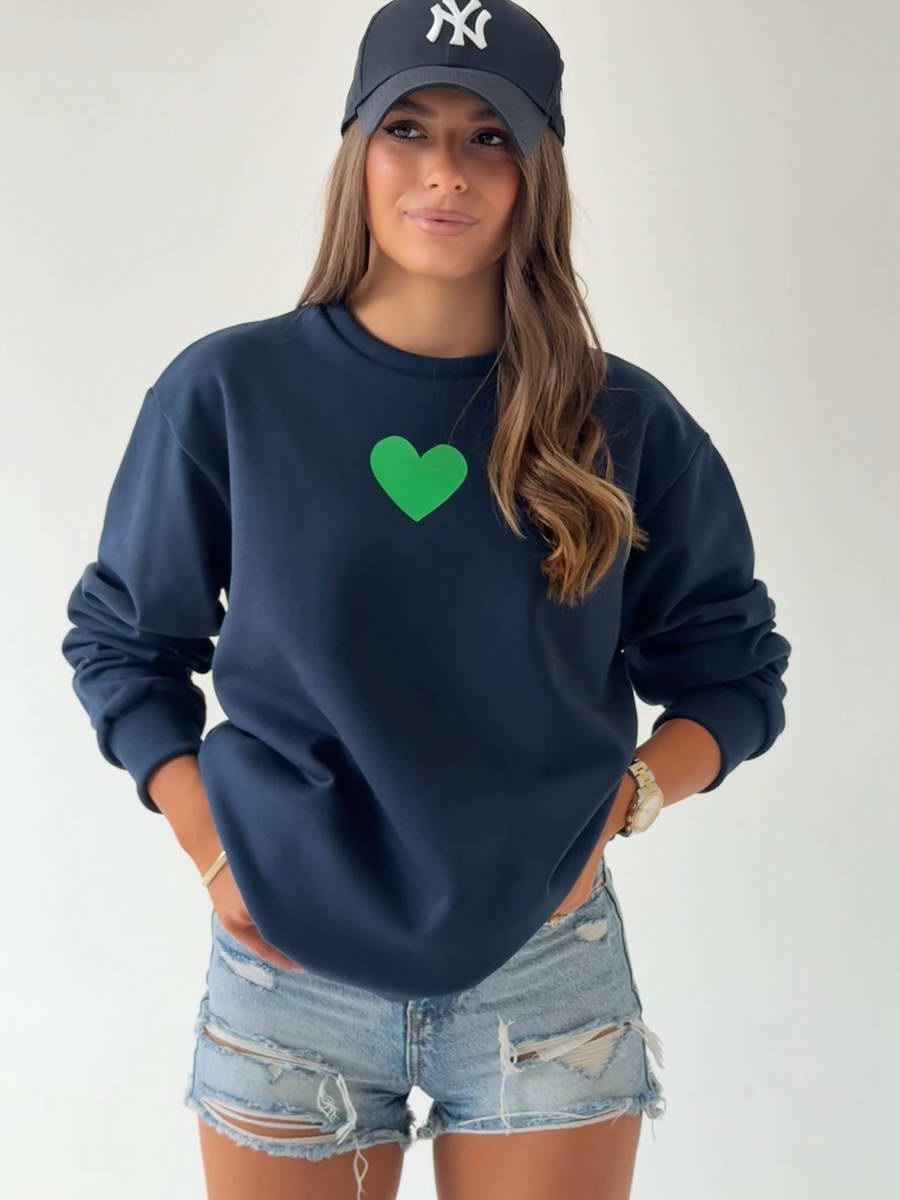 Navy Blue Heart Green Sweatshirt - Image 2